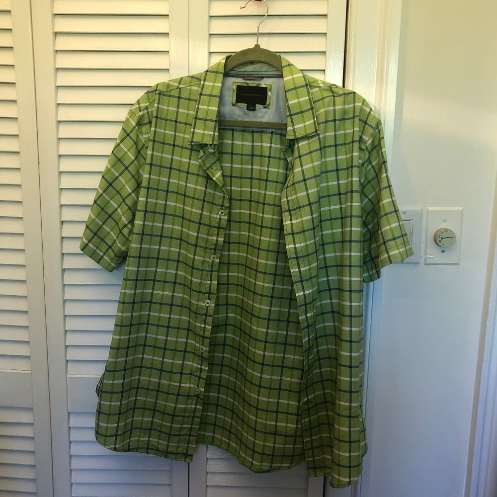 Geoffrey Beene men green and blue striped shirt, L